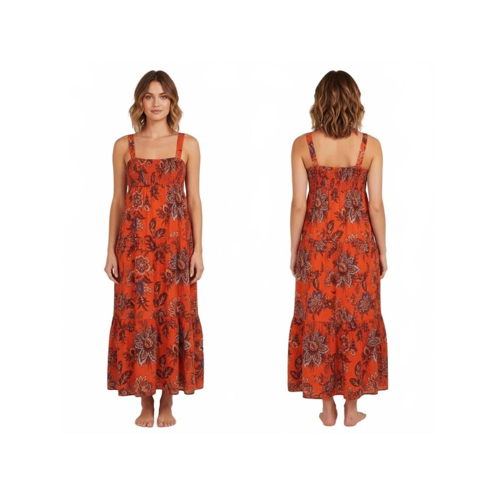 RHODE Orange Floral Smocked Tiered Midi Dress Women's Size L